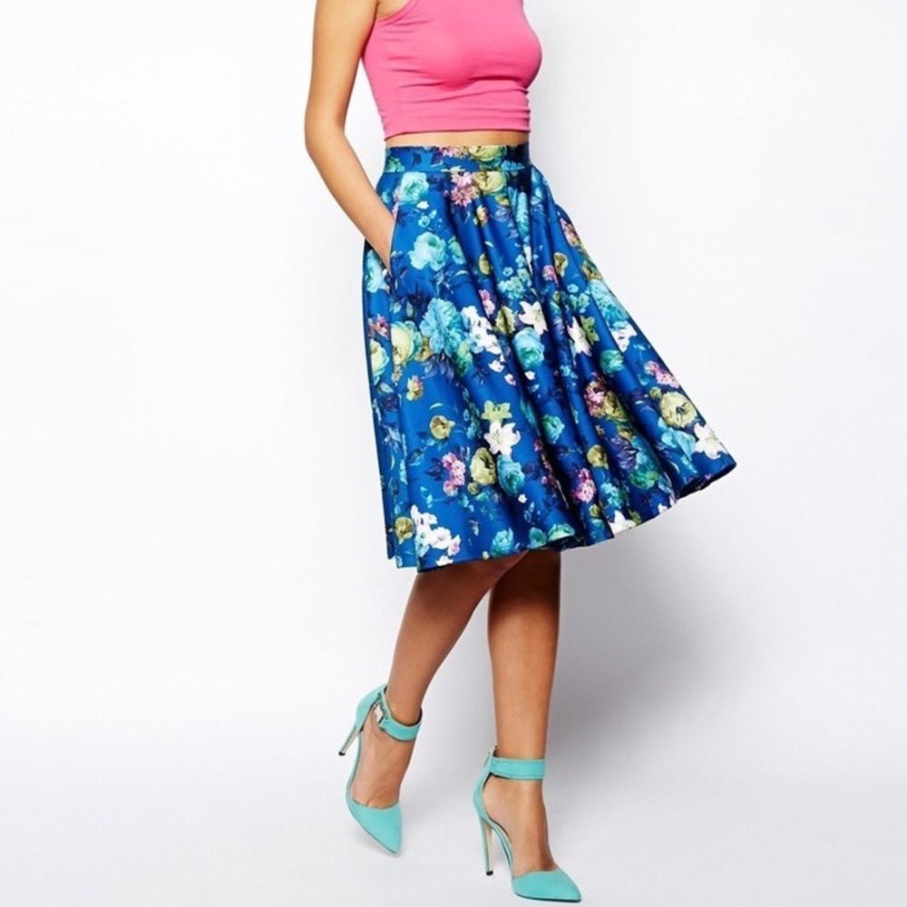 ASOS Scuba‎ Blue Floral Circle Midi Skirt Size 6